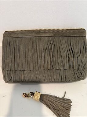 India Hicks Olive Green Suede Fringe Clutch with Tassel